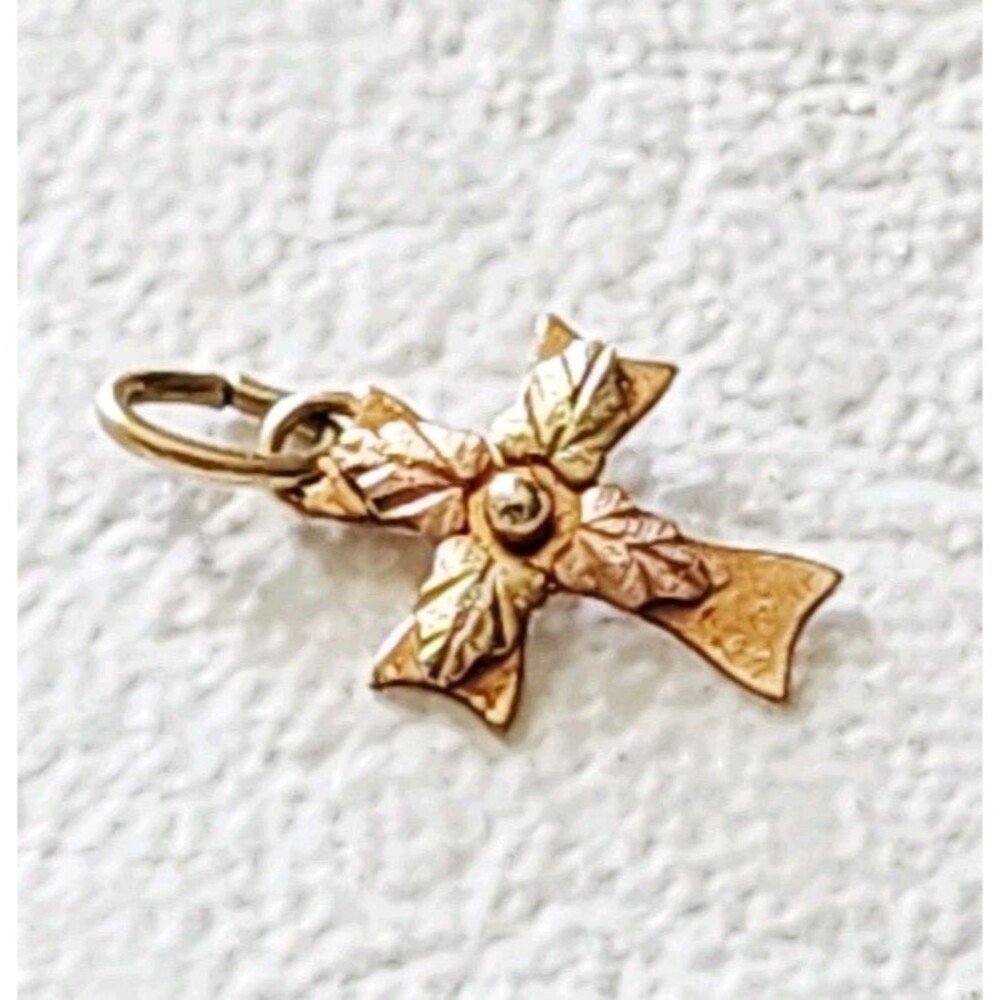 10k Black Hills Gold Cross Flower Design Pendant Charm - Picture 2 of 6